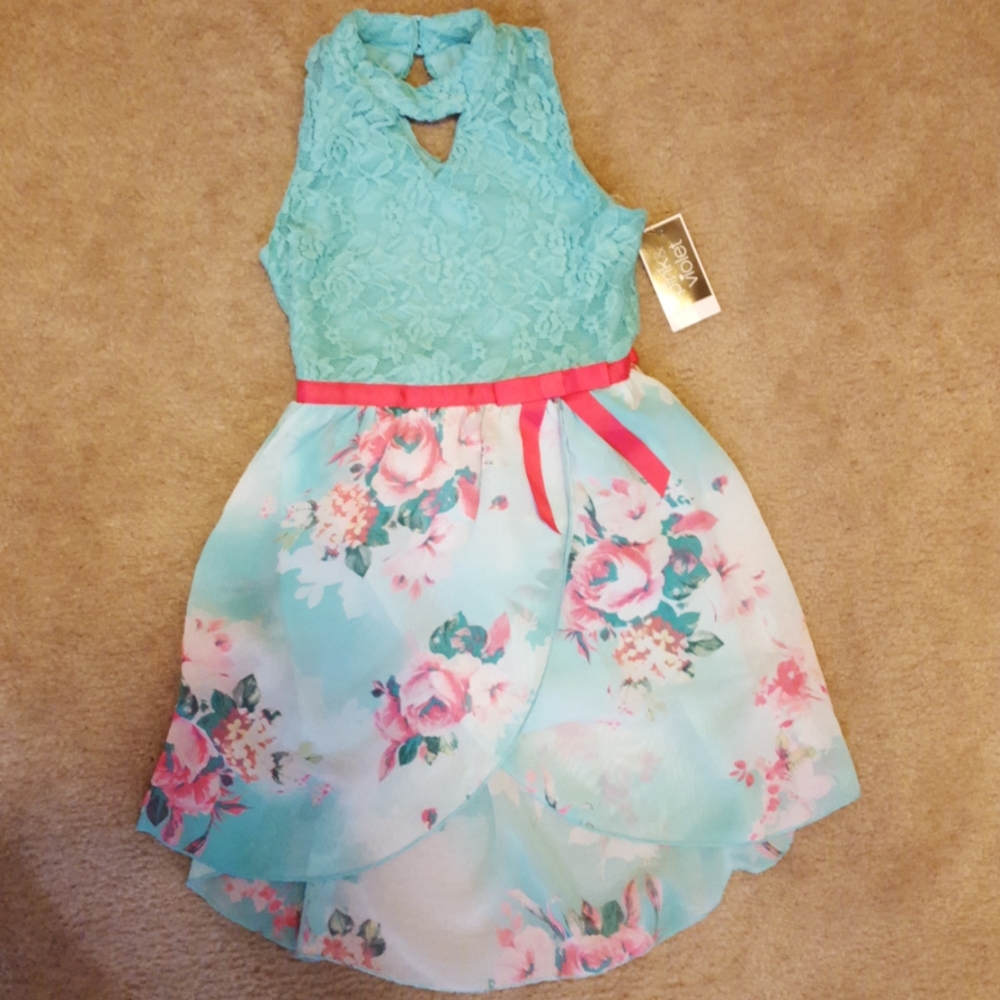 Pink & Violet Dress Aqua Lace Floral sleeveless pink grosgrain ribbon sz XS NEW…
